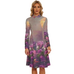 Floral Blossoms  Long Sleeve Shirt Collar A-line Dress by Internationalstore