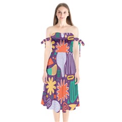 Colorful Shapes On A Purple Background Shoulder Tie Bardot Midi Dress by LalyLauraFLM