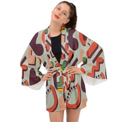 Shapes In Retro Colors On A Green Background Long Sleeve Kimono by LalyLauraFLM