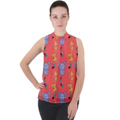 Elephant Monkey Dog Cartoon Mock Neck Chiffon Sleeveless Top by Pakjumat