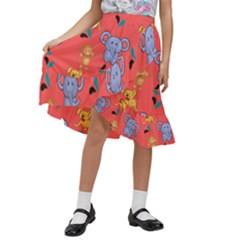 Elephant Monkey Dog Cartoon Kids  Ruffle Flared Wrap Midi Skirt by Pakjumat