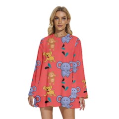 Elephant Monkey Dog Cartoon Round Neck Long Sleeve Bohemian Style Chiffon Mini Dress by Pakjumat