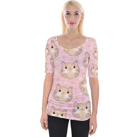 Cat Pattern Pink Cartoon Wide Neckline T-shirt by Pakjumat