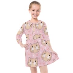 Cat Pattern Pink Cartoon Kids  Quarter Sleeve Shirt Dress by Pakjumat