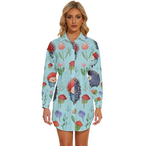 Hedgehogs Animal Womens Long Sleeve Shirt Dress by Pakjumat