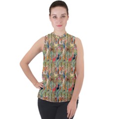 Animal Forest Pattern Mock Neck Chiffon Sleeveless Top by Pakjumat