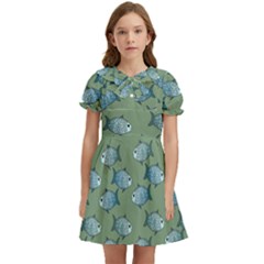 Fishes Pattern Background Kids  Bow Tie Puff Sleeve Dress