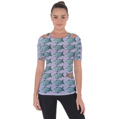 Fishes Pattern Background Theme Shoulder Cut Out Short Sleeve Top