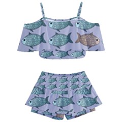 Fishes Pattern Background Theme Kids  Off Shoulder Skirt Bikini