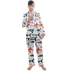 Fish Shark Animal Pattern Men s Long Sleeve Satin Pajamas Set by Pakjumat