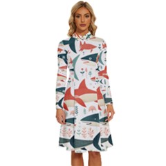 Fish Shark Animal Pattern Long Sleeve Shirt Collar A-line Dress by Pakjumat