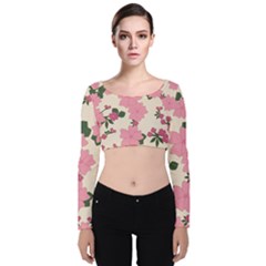 Floral Vintage Flowers Velvet Long Sleeve Crop Top