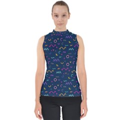 Scribble Pattern Texture Mock Neck Shell Top