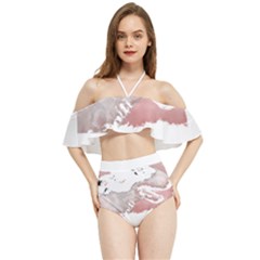 Bull Terrier T- Shirt A Painting Of A Black And White Bull Terrier On Pink Background T- Shirt Halter Flowy Bikini Set 