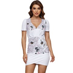 Bulldog T- Shirt Painting Of A Brown And White Bulldog Lying Down With His Tongue Out T- Shirt Low Cut Cap Sleeve Mini Dress