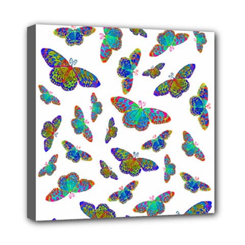 Butterflies T- Shirt Colorful Butterflies In Rainbow Colors T- Shirt Mini Canvas 8  x 8  (Stretched)