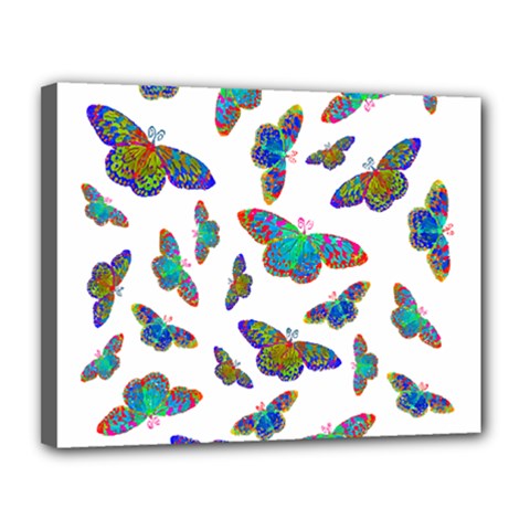 Butterflies T- Shirt Colorful Butterflies In Rainbow Colors T- Shirt Canvas 14  x 11  (Stretched)
