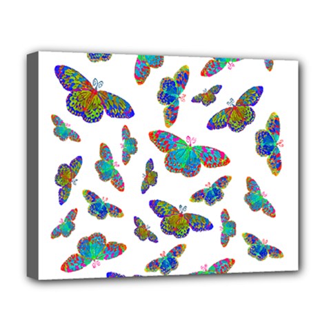 Butterflies T- Shirt Colorful Butterflies In Rainbow Colors T- Shirt Deluxe Canvas 20  x 16  (Stretched)
