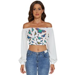 Butterflies T- Shirt Colorful Butterflies In Rainbow Colors T- Shirt Long Sleeve Crinkled Weave Crop Top by EnriqueJohnson