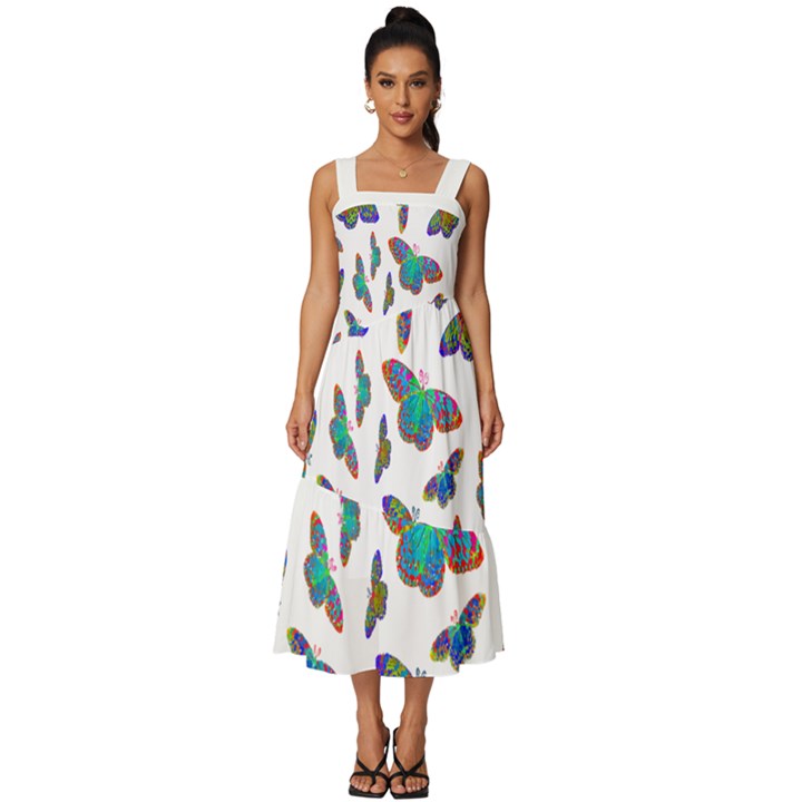 Butterflies T- Shirt Colorful Butterflies In Rainbow Colors T- Shirt Square Neckline Tiered Midi Dress