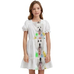 White Bichon Frise Dog Snow Reindeer S T- Shirt White Bichon Frise  Dog Snow Reindeer Santa Hat Chri Kids  Puff Sleeved Dress by ZUXUMI