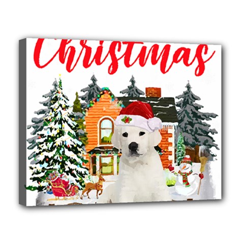 White Labrador Santa Merry T- Shirt Red Winter Christmas Hat House White Labrador  Santa Merry T- Sh Canvas 14  x 11  (Stretched)