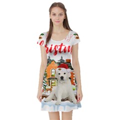 White Labrador Santa Merry T- Shirt Red Winter Christmas Hat House White Labrador  Santa Merry T- Sh Short Sleeve Skater Dress by ZUXUMI