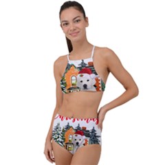 White Labrador Santa Merry T- Shirt Red Winter Christmas Hat House White Labrador  Santa Merry T- Sh Halter Tankini Set