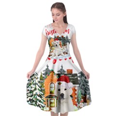 White Labrador Santa Merry T- Shirt Red Winter Christmas Hat House White Labrador  Santa Merry T- Sh Cap Sleeve Wrap Front Dress