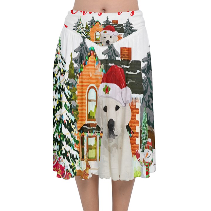 White Labrador Santa Merry T- Shirt Red Winter Christmas Hat House White Labrador  Santa Merry T- Sh Velvet Flared Midi Skirt