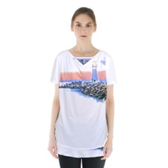 Breakwater Santa Cruz T- Shirt Lighthouse Breakwater Santa Cruz U S A Voyage Art Digital Painting Wa Skirt Hem Sports Top by JamesGoode