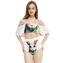 Rabbit T-shirtrabbit Watercolor Painting #rabbit T-shirt (2) Halter Flowy Bikini Set 