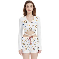 Abstract Dots And Line Pattern T- Shirt Abstract Dots And Line Pattern T- Shirt Velvet Wrap Crop Top And Shorts Set