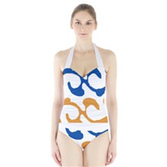 Abstract Swirl Gold And Blue Pattern T- Shirt Abstract Swirl Gold And Blue Pattern T- Shirt Halter Swimsuit