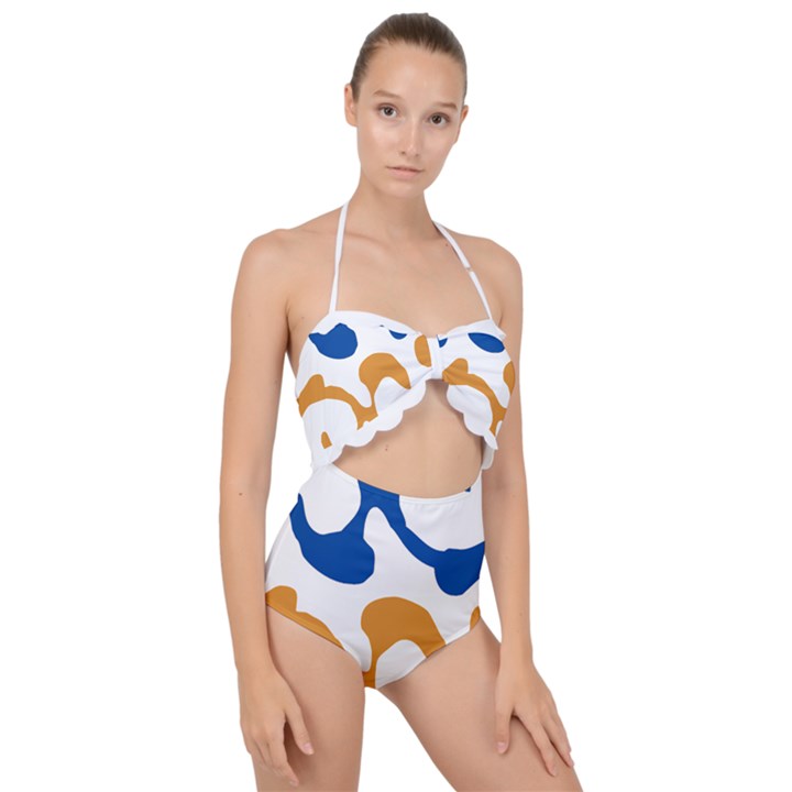 Abstract Swirl Gold And Blue Pattern T- Shirt Abstract Swirl Gold And Blue Pattern T- Shirt Scallop Top Cut Out Swimsuit