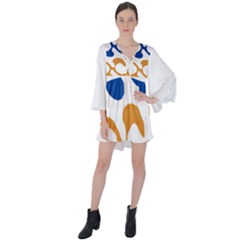 Abstract Swirl Gold And Blue Pattern T- Shirt Abstract Swirl Gold And Blue Pattern T- Shirt V-Neck Flare Sleeve Mini Dress