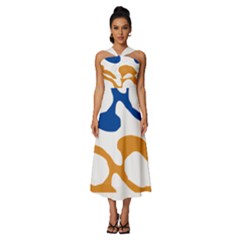 Abstract Swirl Gold And Blue Pattern T- Shirt Abstract Swirl Gold And Blue Pattern T- Shirt Sleeveless Cross Front Cocktail Midi Chiffon Dress