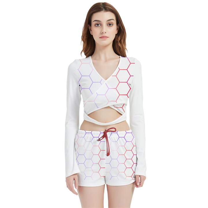 Abstract T- Shirt Honeycomb Pattern 7 Velvet Wrap Crop Top and Shorts Set