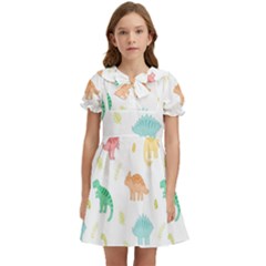 Animals Dinosaurs T-rex Pattern Kids  Bow Tie Puff Sleeve Dress