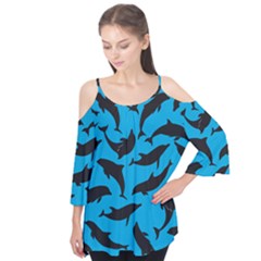 Dolphin Silhouette Pattern Flutter Sleeve T-shirt 