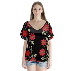 Pattern Flowers Design Nature V-neck Flutter Sleeve Top by Pakjumat