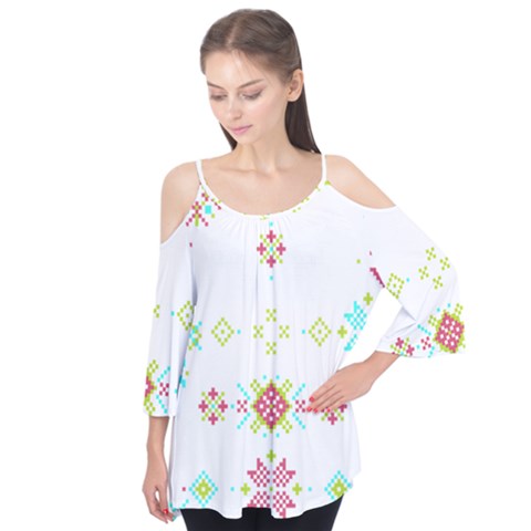 Christmas Cross Stitch Pattern Effect Holidays Symmetry Flutter Sleeve T-shirt  by Sarkoni