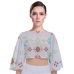 Christmas Cross Stitch Pattern Effect Holidays Symmetry Tie Back Butterfly Sleeve Chiffon Top