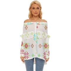 Christmas Cross Stitch Pattern Effect Holidays Symmetry Off Shoulder Chiffon Pocket Shirt by Sarkoni