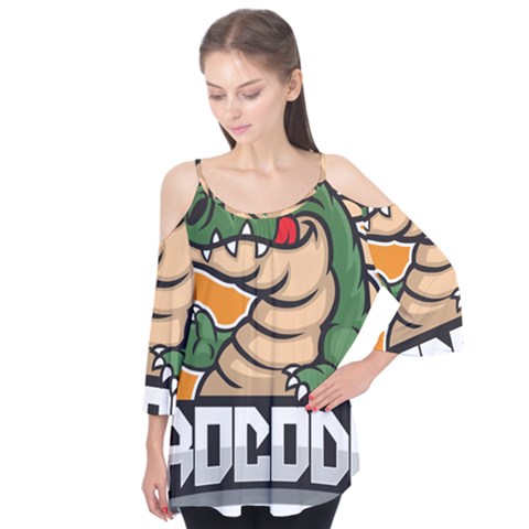 Funny Crocodile Flutter Sleeve T-shirt  by Sarkoni