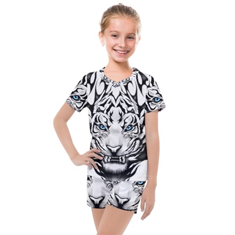 White And Black Tiger Kids  Mesh T-shirt And Shorts Set by Sarkoni