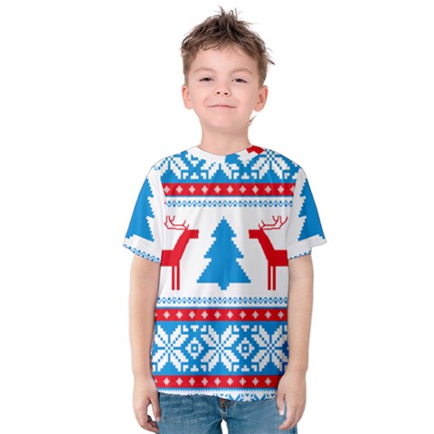 Red And Green Christmas Tree Winter Pattern Pixel Elk Buckle Holidays Kids  Cotton T-shirt by Sarkoni