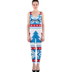 Red And Green Christmas Tree Winter Pattern Pixel Elk Buckle Holidays One Piece Catsuit