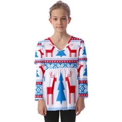 Red And Green Christmas Tree Winter Pattern Pixel Elk Buckle Holidays Kids  V Neck Casual Top by Sarkoni