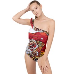 Funny Santa Claus Christmas Frilly One Shoulder Swimsuit
